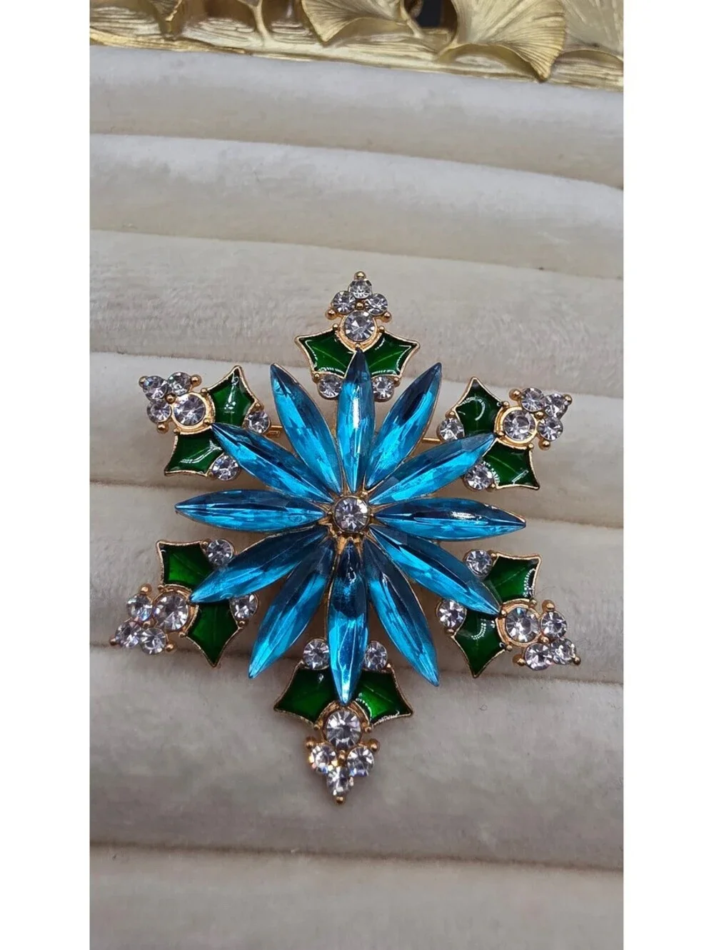 14k Gold Plated Blue Rhinestone Snowflake Brooch